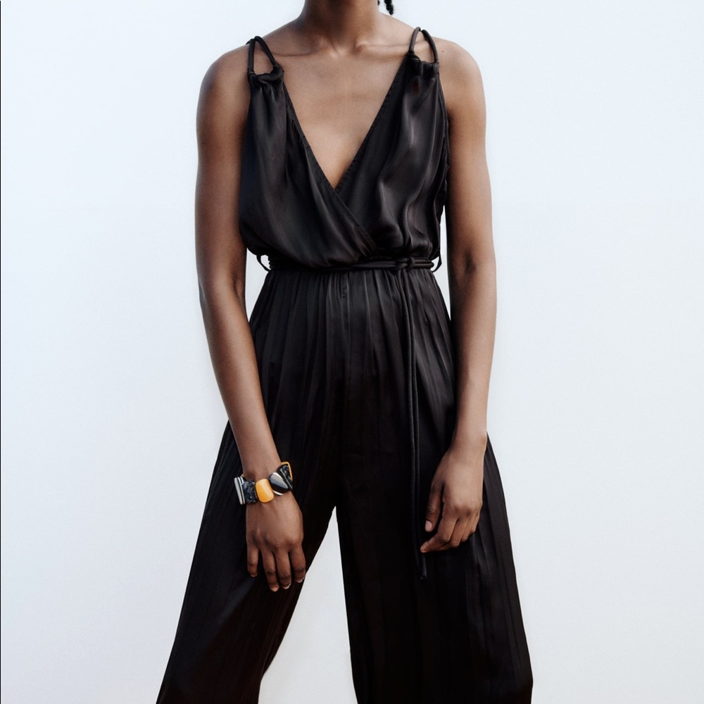 Zara Olive Green Wrinkled Satin Effect Jumpsuit with tonal belt